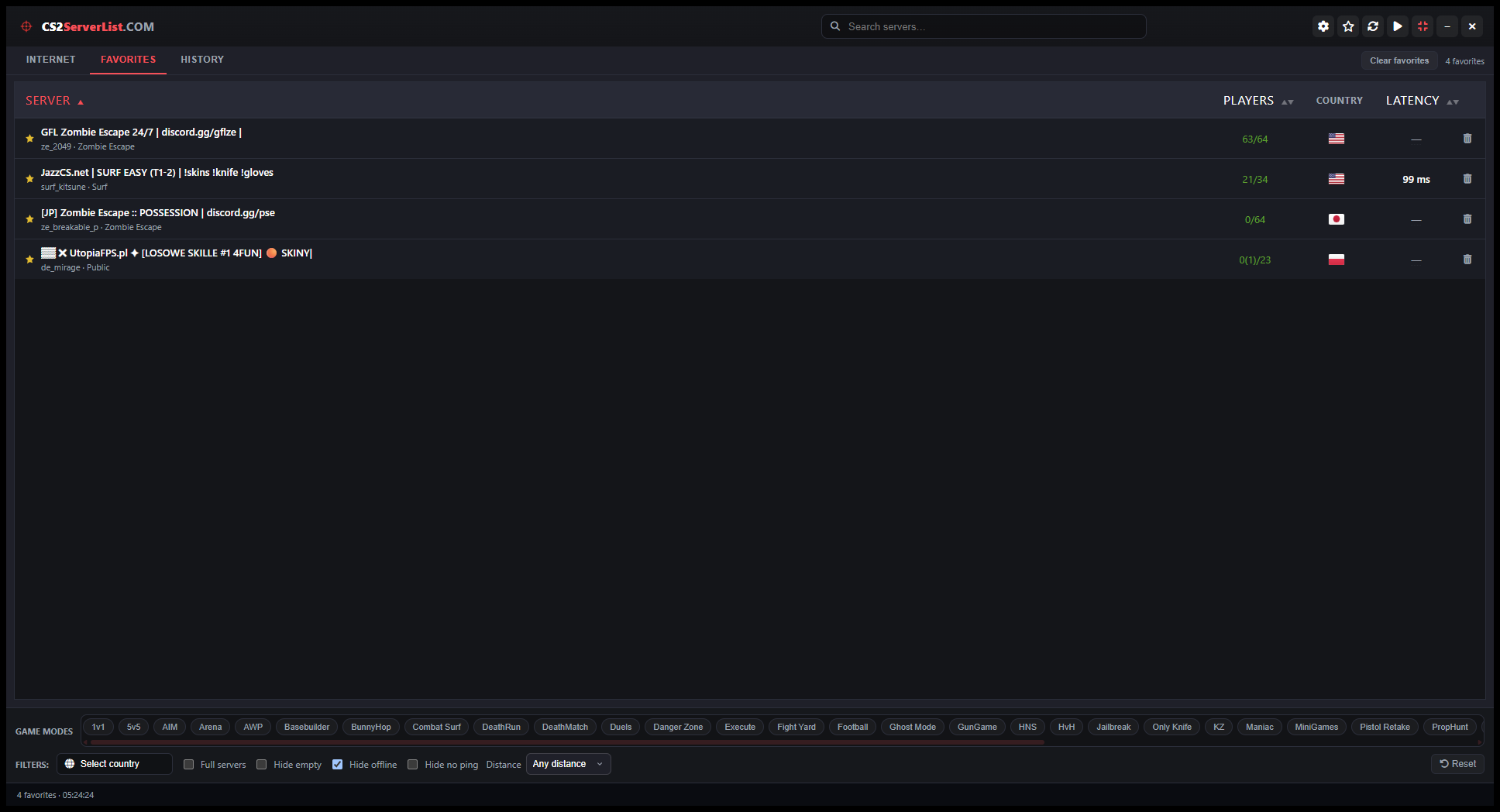 Favorites tab in the CS2 Server List Windows app with saved Counter-Strike 2 servers