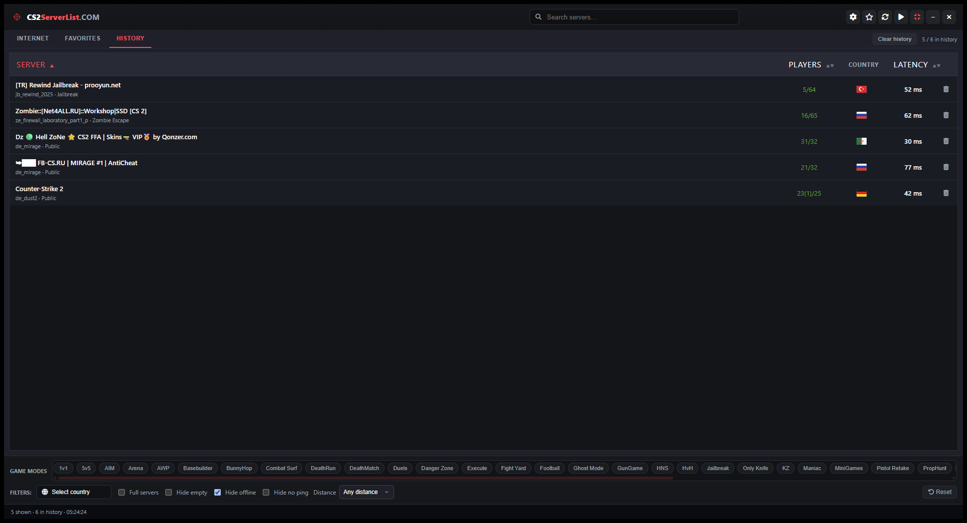 History tab in the CS2 Server List Windows app listing recently joined CS2 servers