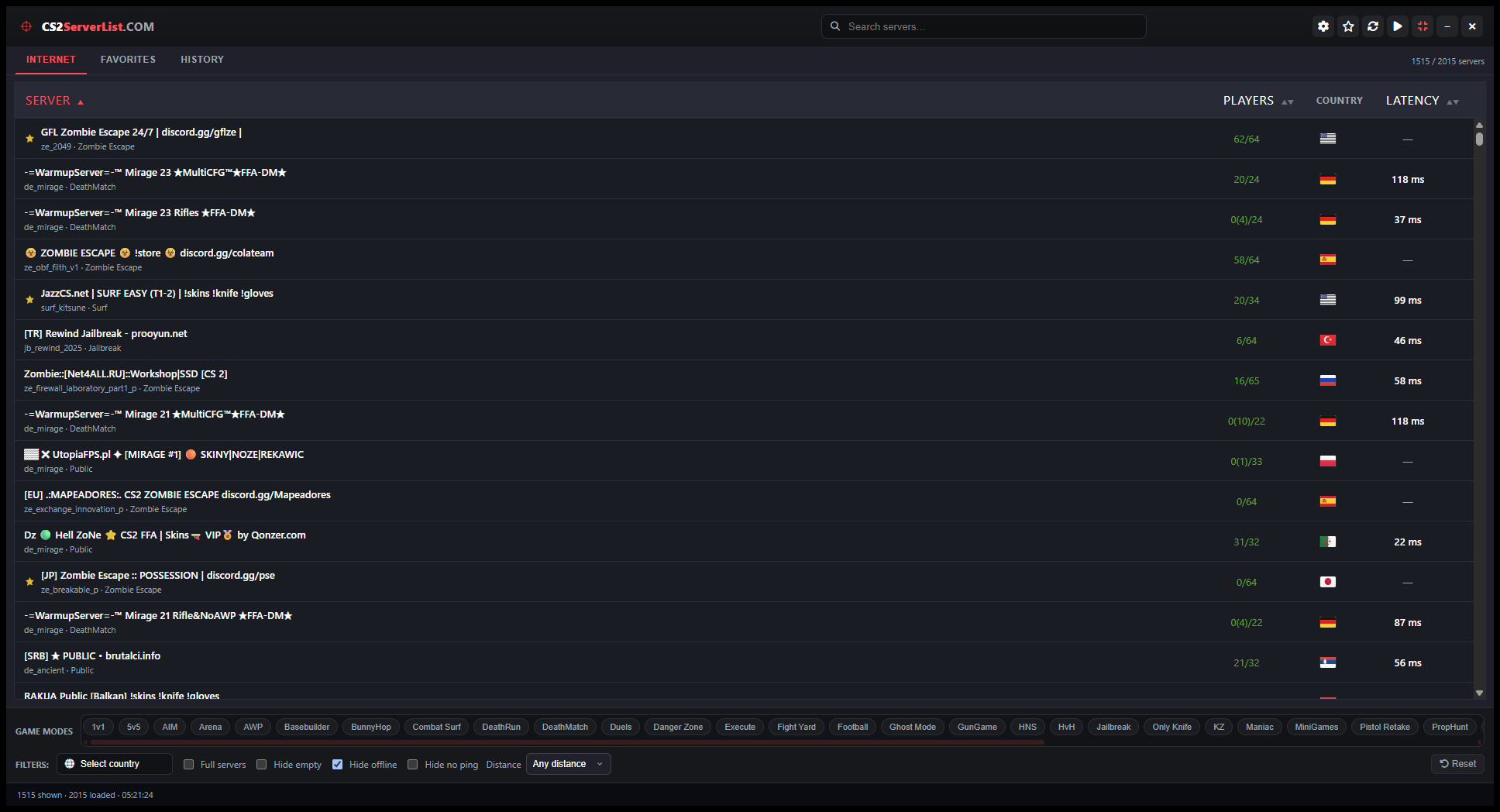 CS2 Server List Windows app main screen showing live Counter-Strike 2 servers with maps, player counts, country flags, and ping