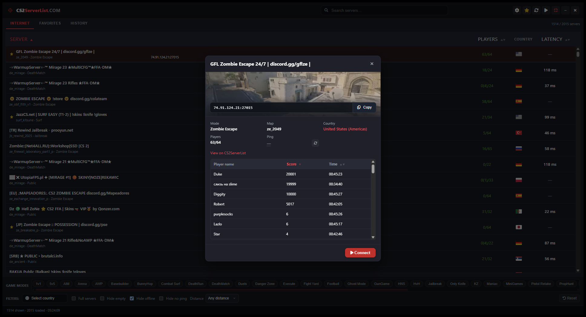 Server details panel in the CS2 Server List Windows app showing players, map, and connect options