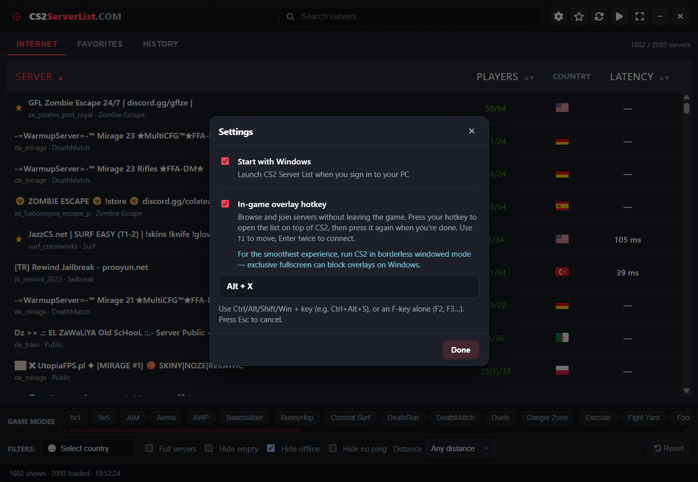 Settings screen in the CS2 Server List Windows app with overlay hotkey and start-with-Windows options
